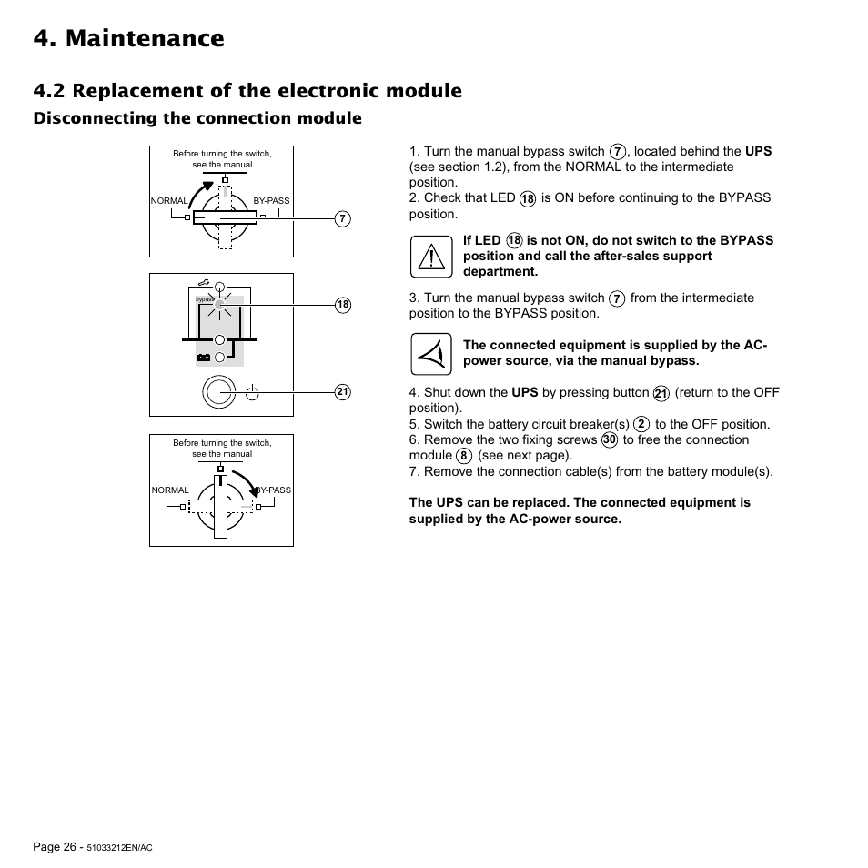 Maintenance, 2 replacement of the electronic module, Disconnecting the connection module | MGE UPS Systems 12 kVA User Manual | Page 26 / 32