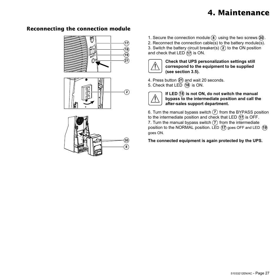 Maintenance, Reconnecting the connection module | MGE UPS Systems 12 kVA User Manual | Page 27 / 32