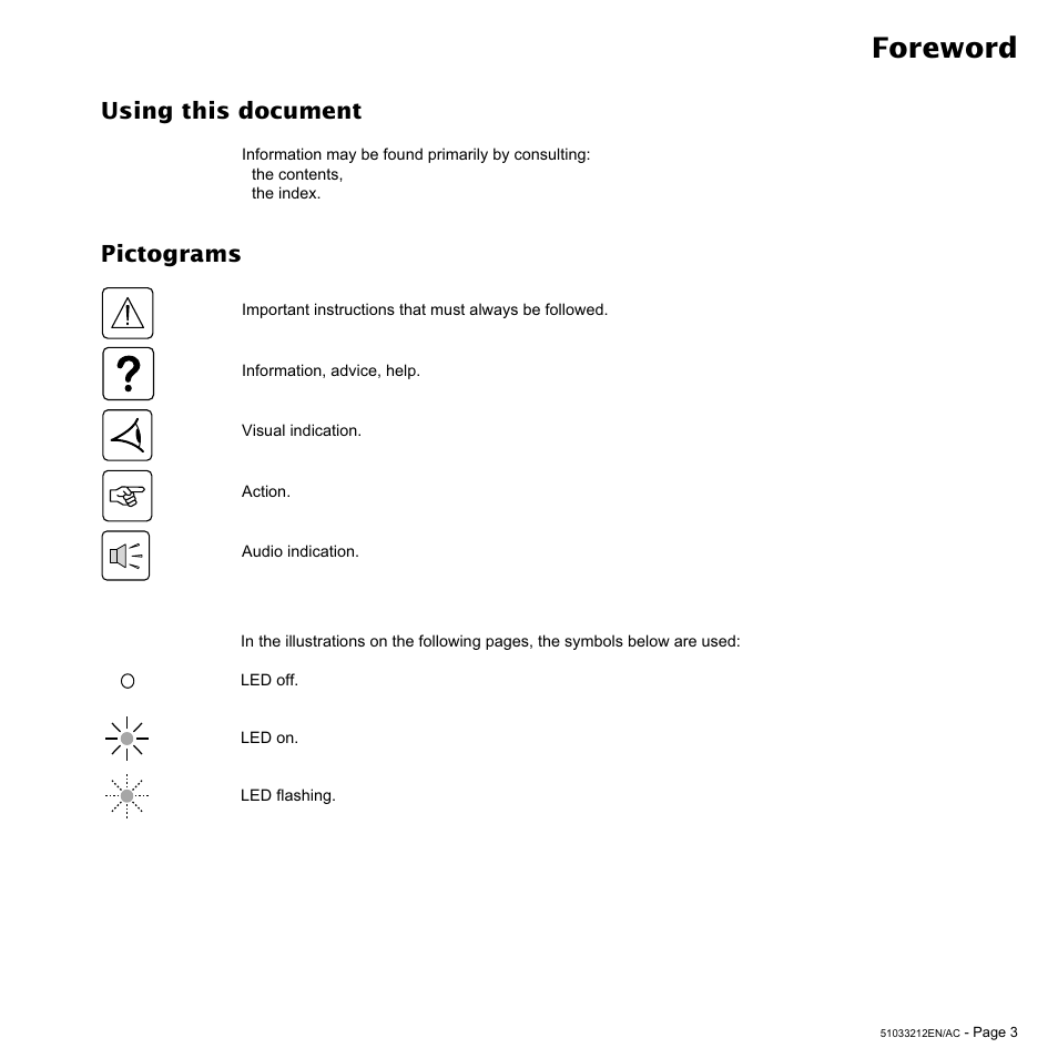 Foreword, Using this document, Pictograms | MGE UPS Systems 12 kVA User Manual | Page 3 / 32