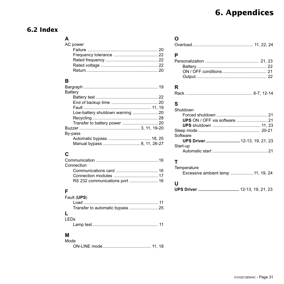 Appendices, 2 index | MGE UPS Systems 12 kVA User Manual | Page 31 / 32