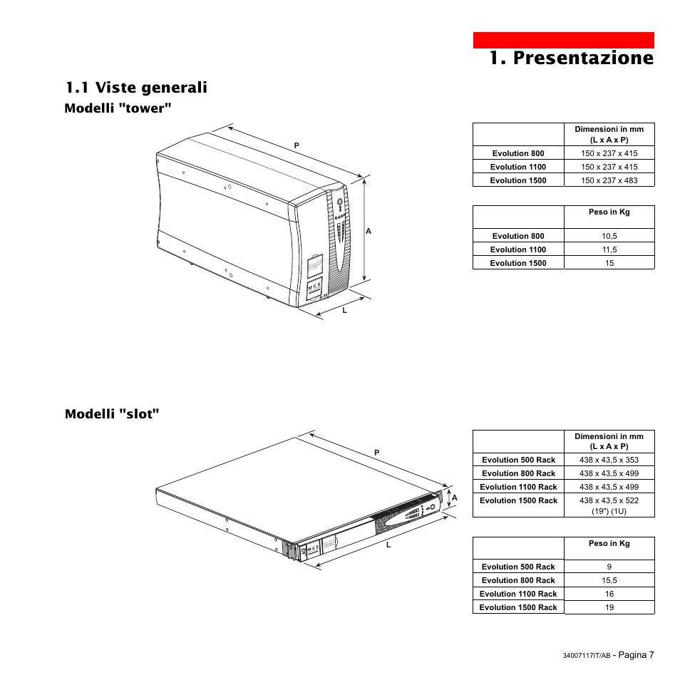 Presentazione, 1 viste generali, Modelli "tower" modelli "slot | MGE UPS Systems 800 Rack User Manual | Page 104 / 196