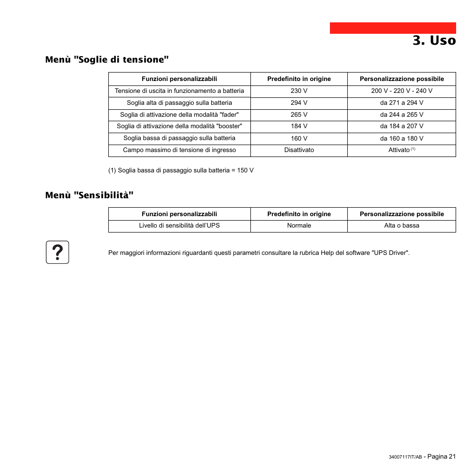 Menù "soglie di tensione" menù "sensibilità | MGE UPS Systems 800 Rack User Manual | Page 118 / 196