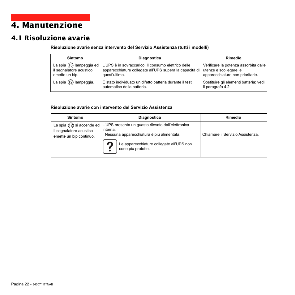 Manutenzione, 1 risoluzione avarie | MGE UPS Systems 800 Rack User Manual | Page 119 / 196