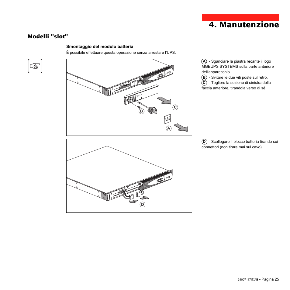 Manutenzione, Modelli "slot | MGE UPS Systems 800 Rack User Manual | Page 122 / 196