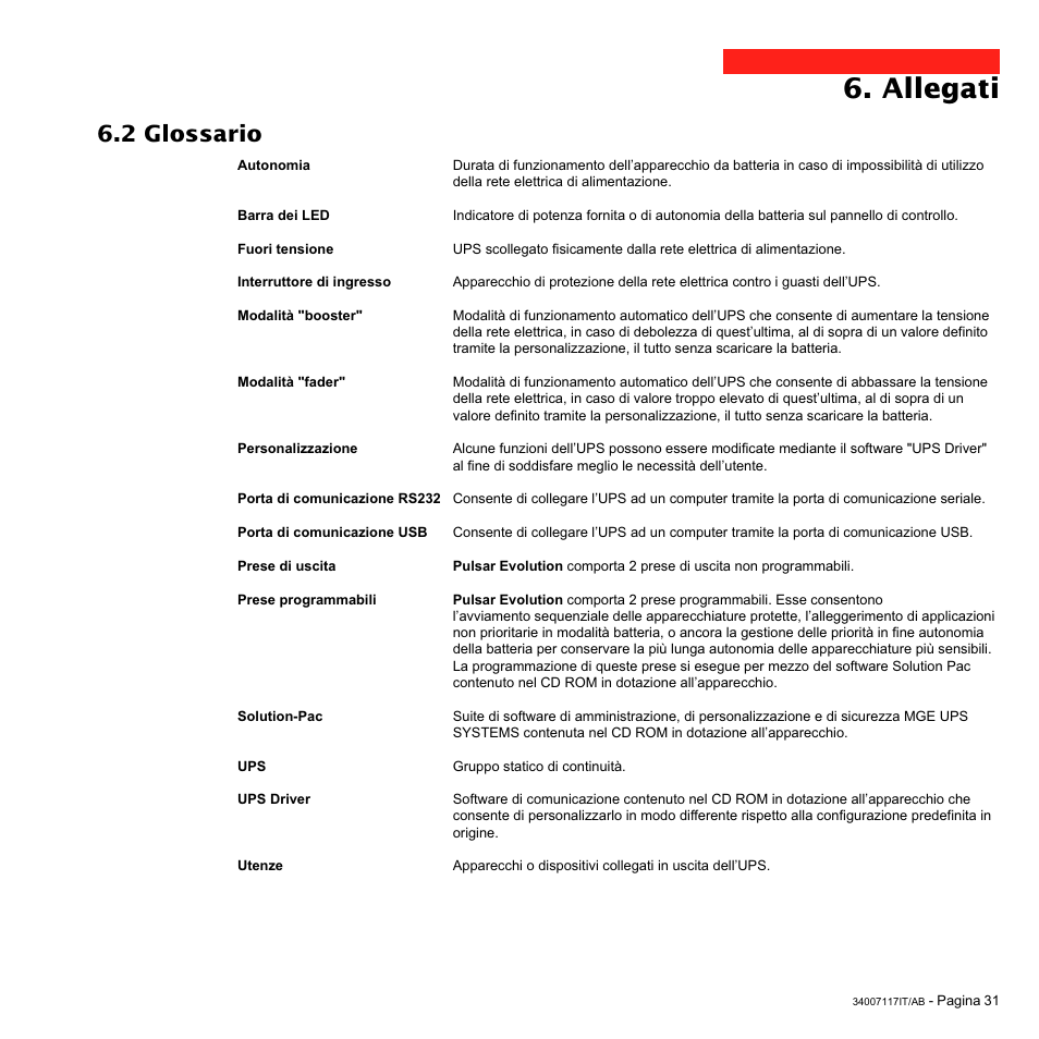 Allegati, 2 glossario | MGE UPS Systems 800 Rack User Manual | Page 128 / 196