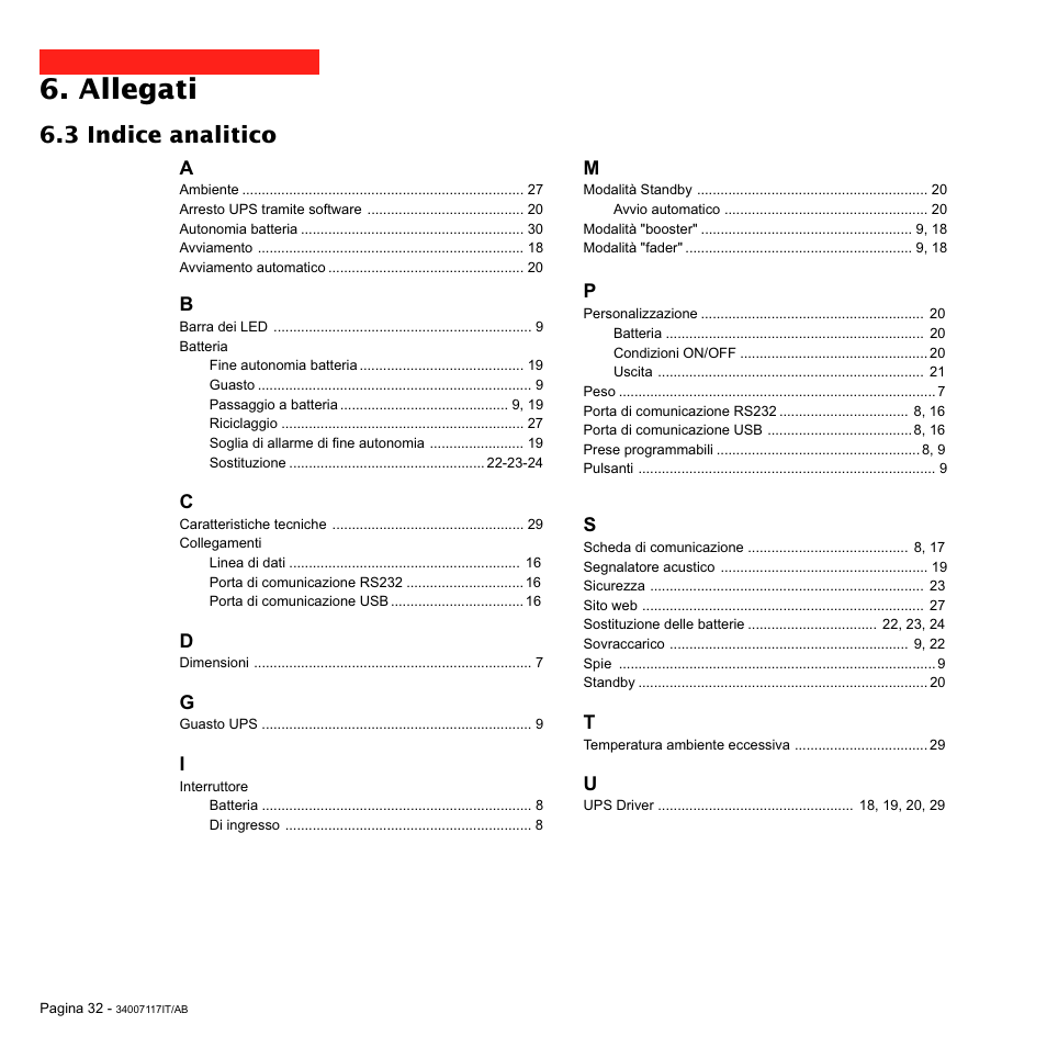 Allegati, 3 indice analitico | MGE UPS Systems 800 Rack User Manual | Page 129 / 196