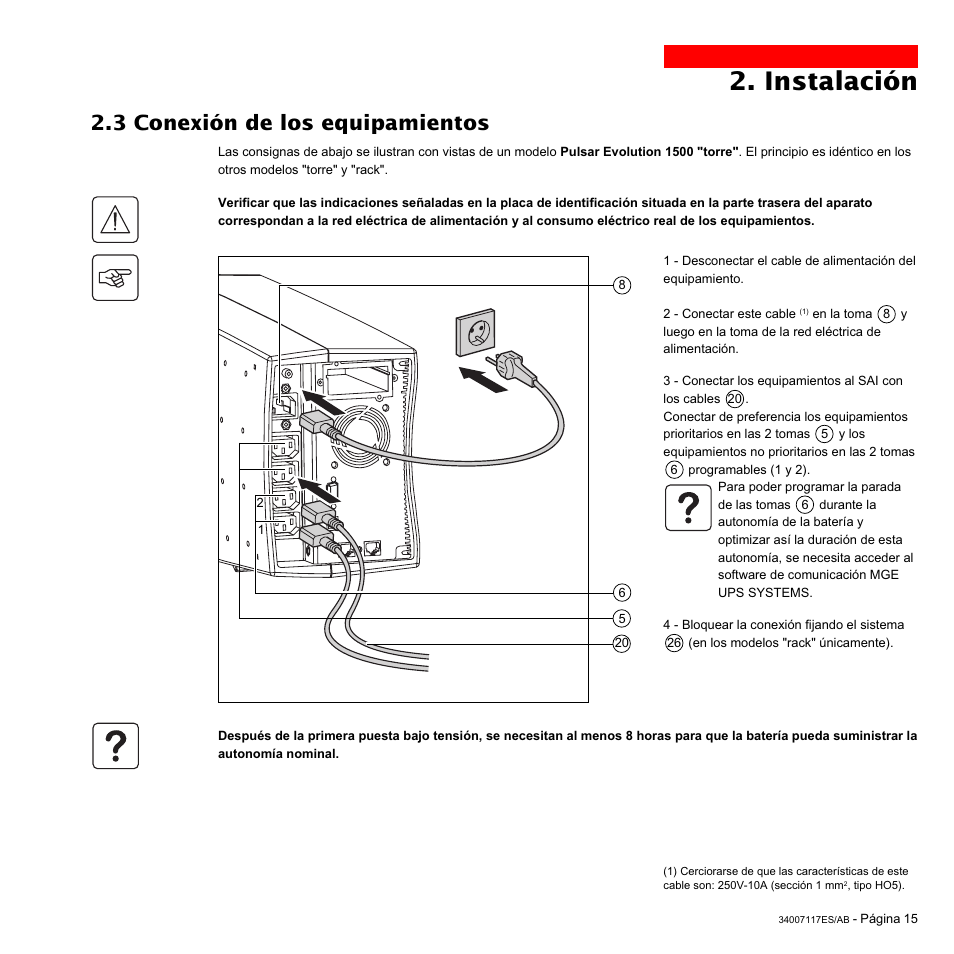 Instalación, 3 conexión de los equipamientos | MGE UPS Systems 800 Rack User Manual | Page 144 / 196