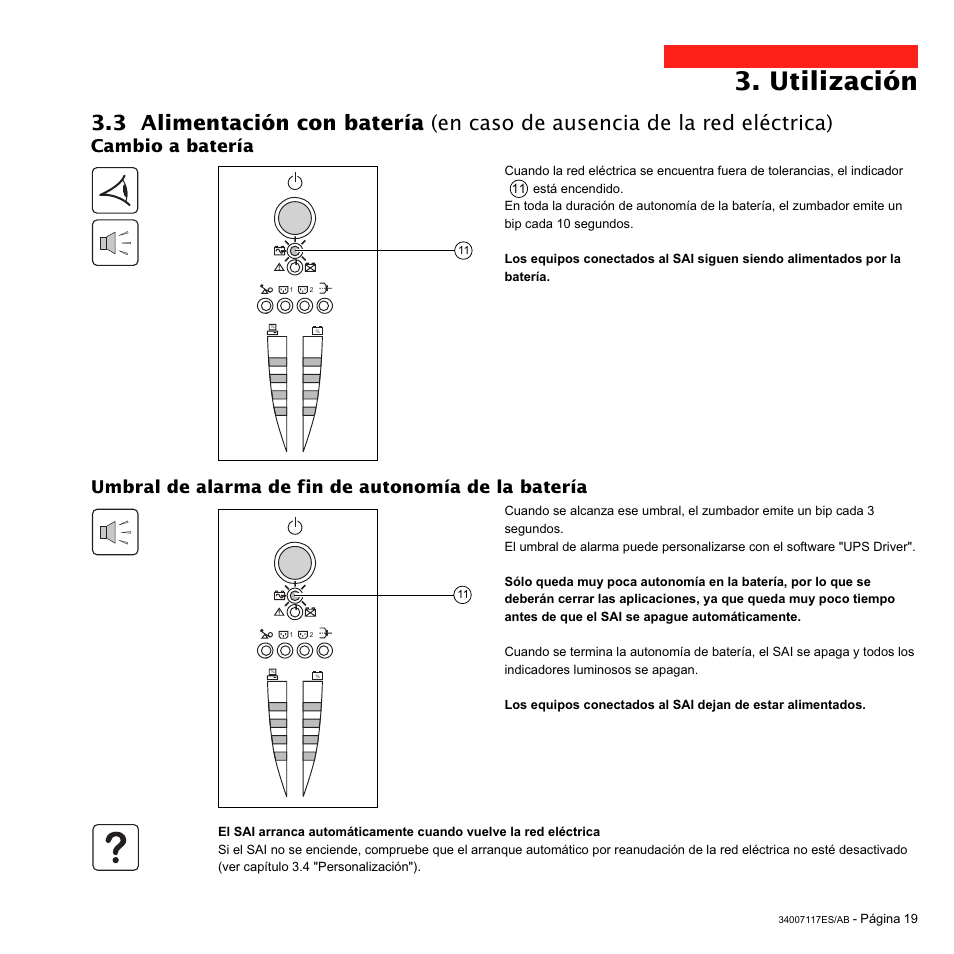 Utilización, Cambio a batería, Umbral de alarma de fin de autonomía de la batería | MGE UPS Systems 800 Rack User Manual | Page 148 / 196