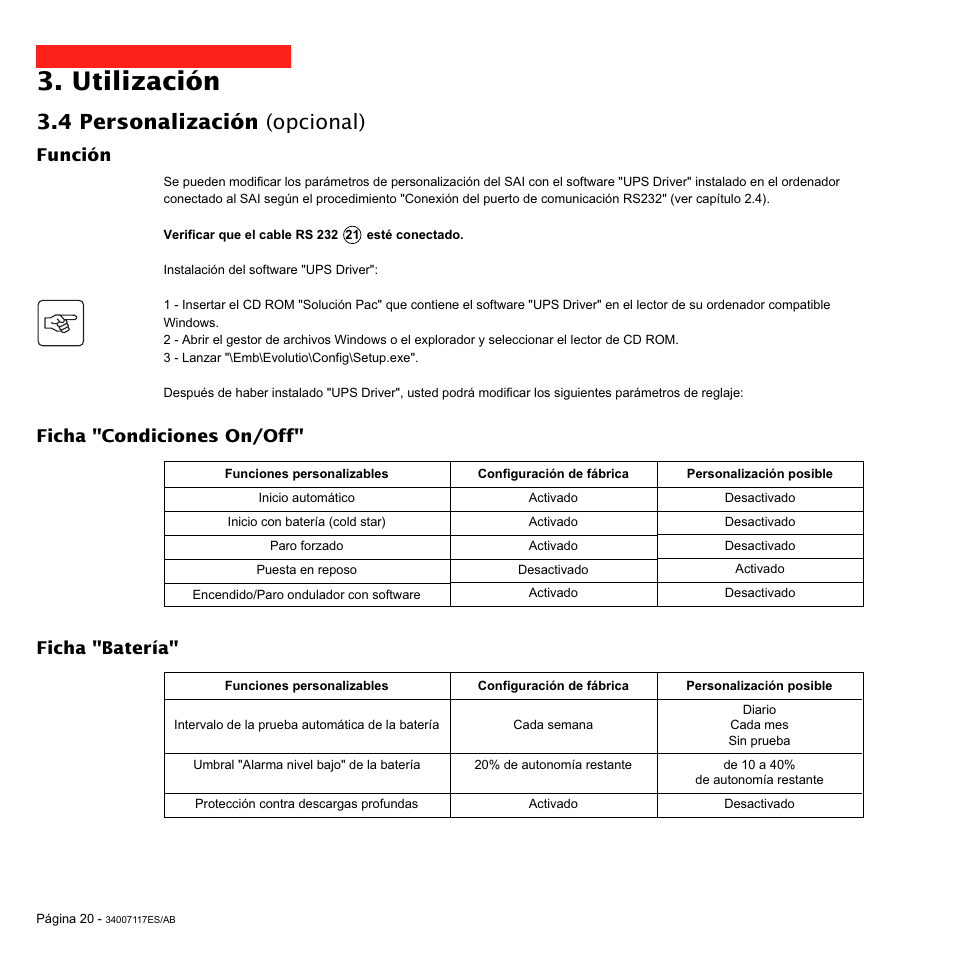 Utilización, 4 personalización (opcional), Función | Ficha "batería, Ficha "condiciones on/off | MGE UPS Systems 800 Rack User Manual | Page 149 / 196