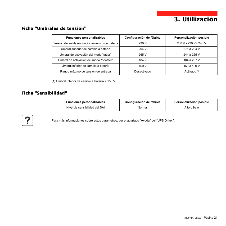 Utilización, Ficha "umbrales de tensión" ficha "sensibilidad | MGE UPS Systems 800 Rack User Manual | Page 150 / 196
