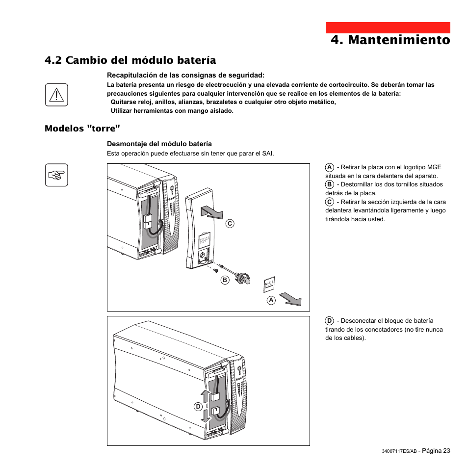 Mantenimiento, 2 cambio del módulo batería, Modelos "torre | MGE UPS Systems 800 Rack User Manual | Page 152 / 196