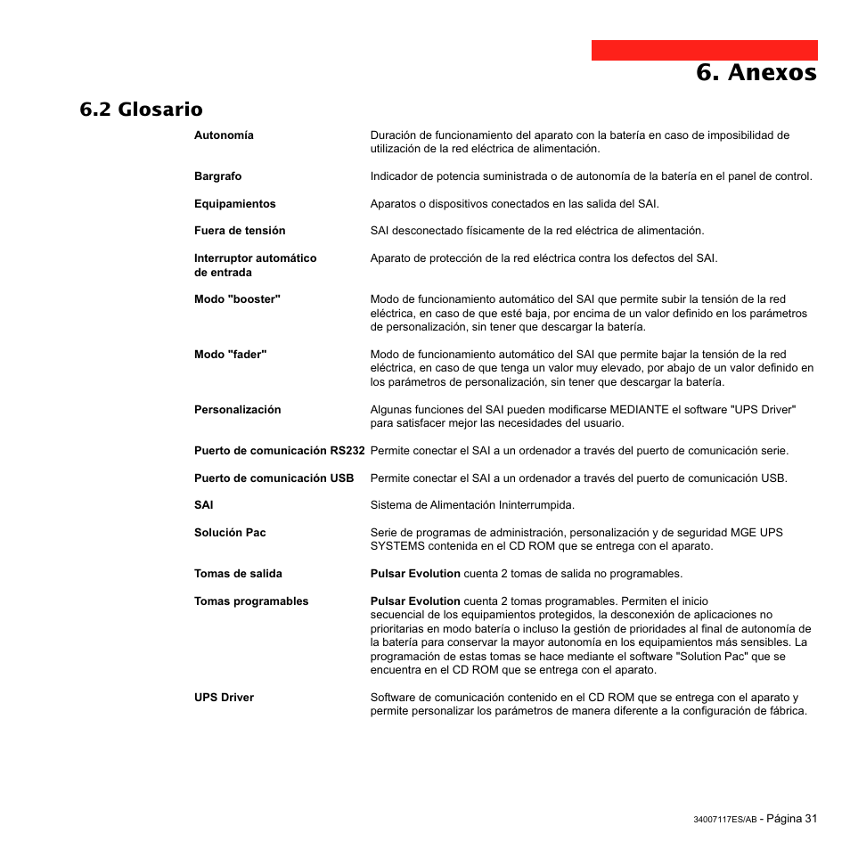 Anexos, 2 glosario | MGE UPS Systems 800 Rack User Manual | Page 160 / 196
