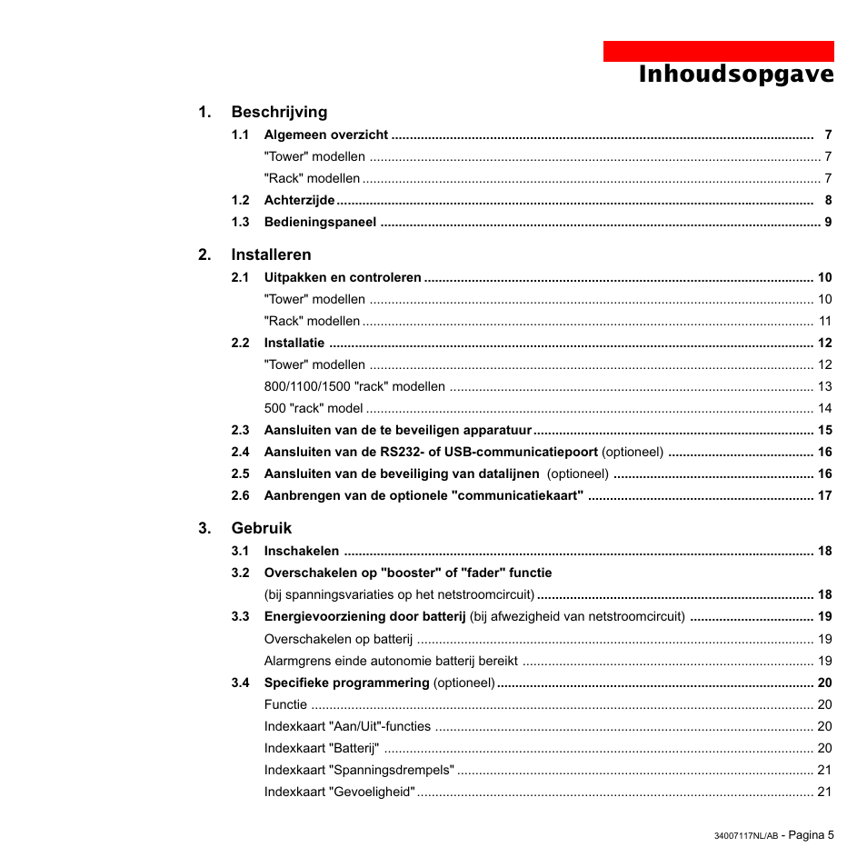 Inhoudsopgave | MGE UPS Systems 800 Rack User Manual | Page 166 / 196