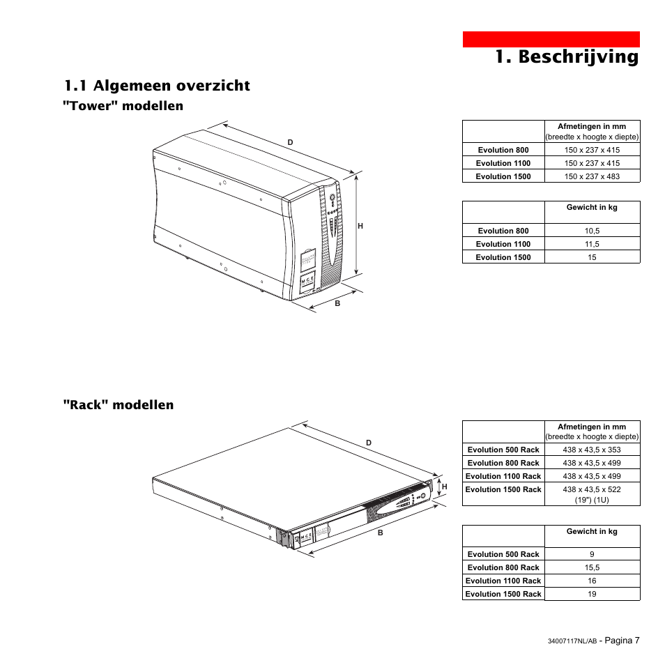 Beschrijving, 1 algemeen overzicht, Tower" modellen "rack" modellen | MGE UPS Systems 800 Rack User Manual | Page 168 / 196