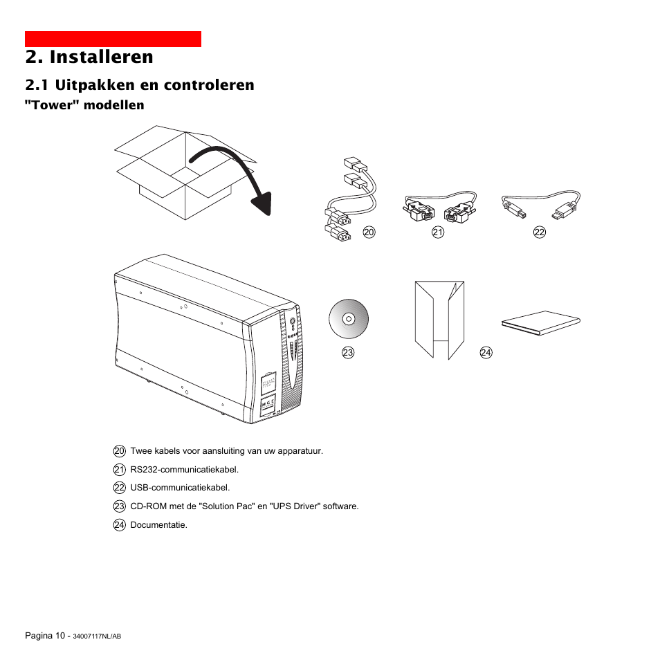 Installeren, 1 uitpakken en controleren, Tower" modellen | MGE UPS Systems 800 Rack User Manual | Page 171 / 196