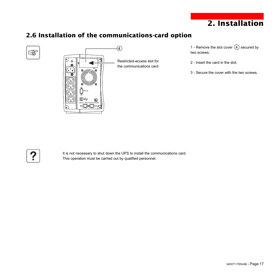 Installation, 6 installation of the communications-card option | MGE UPS Systems 800 Rack User Manual | Page 18 / 196