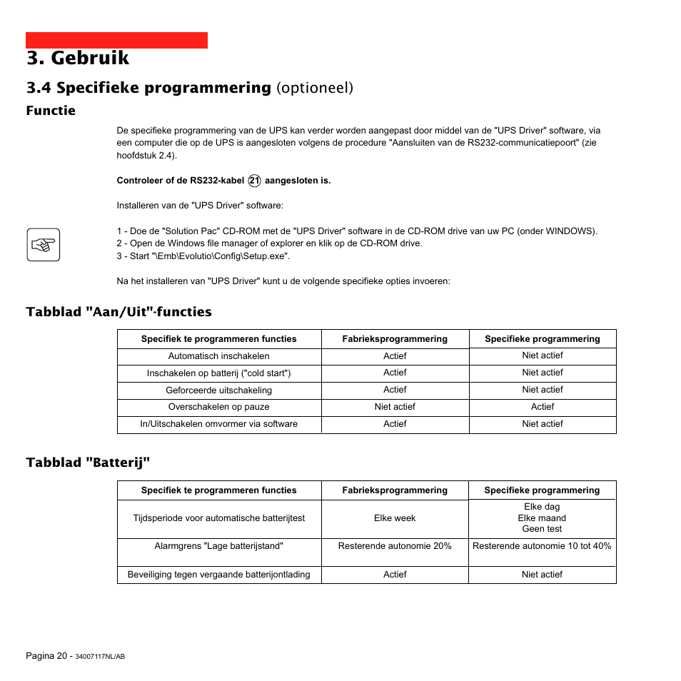 Gebruik, 4 specifieke programmering (optioneel), Functie | Tabblad "batterij, Tabblad "aan/uit"-functies | MGE UPS Systems 800 Rack User Manual | Page 181 / 196