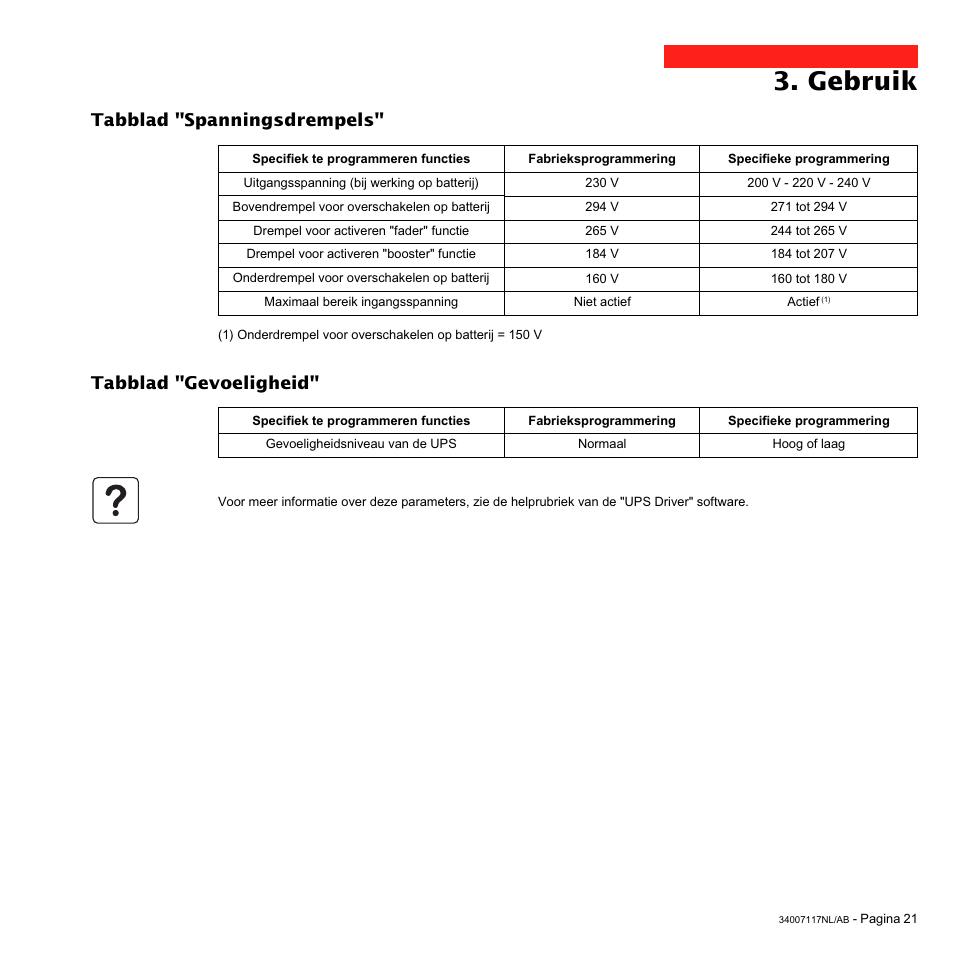 Gebruik, Tabblad "spanningsdrempels" tabblad "gevoeligheid | MGE UPS Systems 800 Rack User Manual | Page 182 / 196