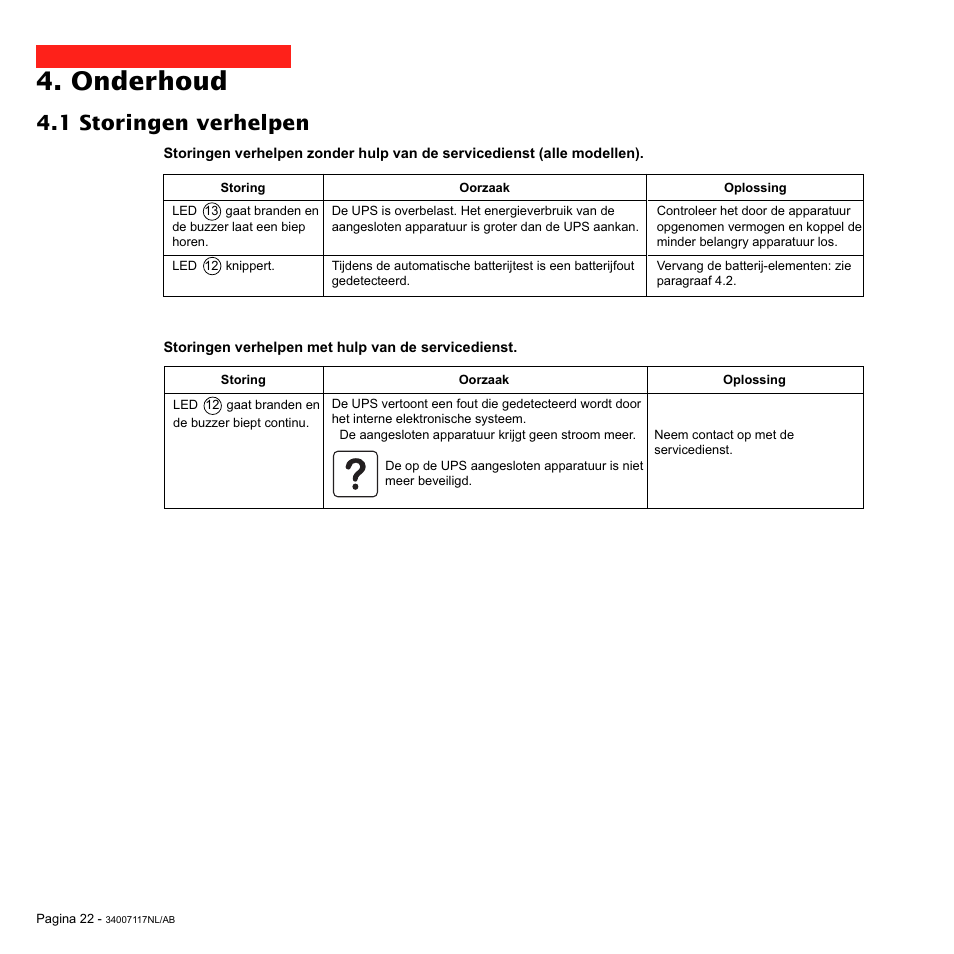 Onderhoud, 1 storingen verhelpen | MGE UPS Systems 800 Rack User Manual | Page 183 / 196