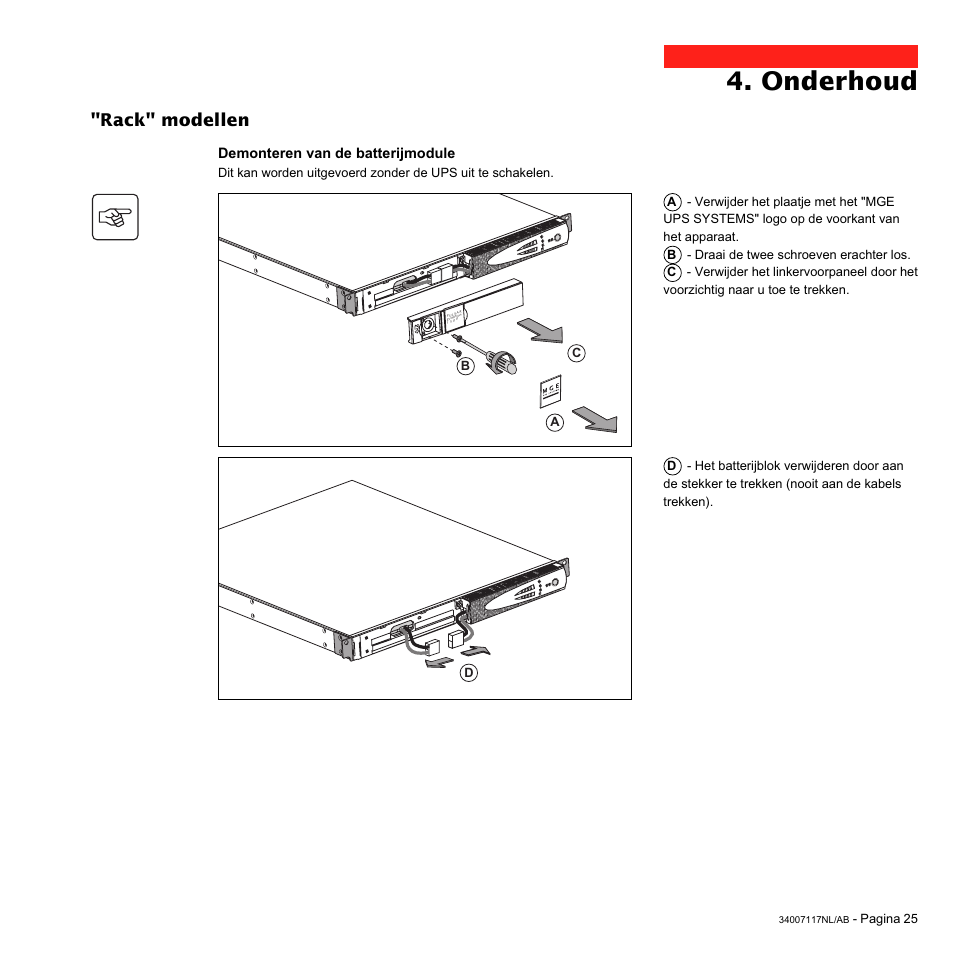 Onderhoud, Rack" modellen | MGE UPS Systems 800 Rack User Manual | Page 186 / 196