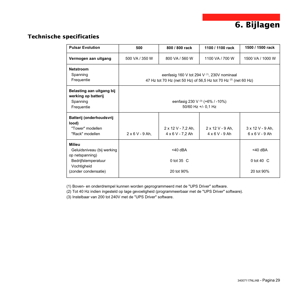 Bijlagen, Technische specificaties | MGE UPS Systems 800 Rack User Manual | Page 190 / 196