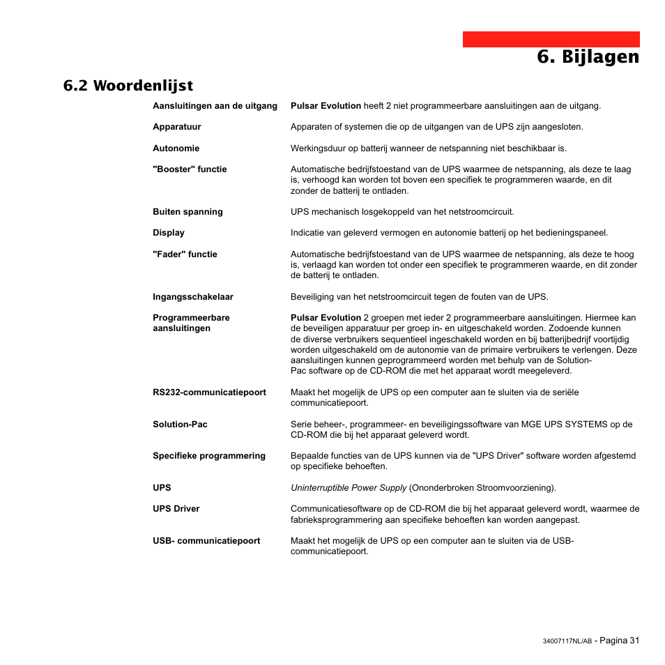 Bijlagen, 2 woordenlijst | MGE UPS Systems 800 Rack User Manual | Page 192 / 196