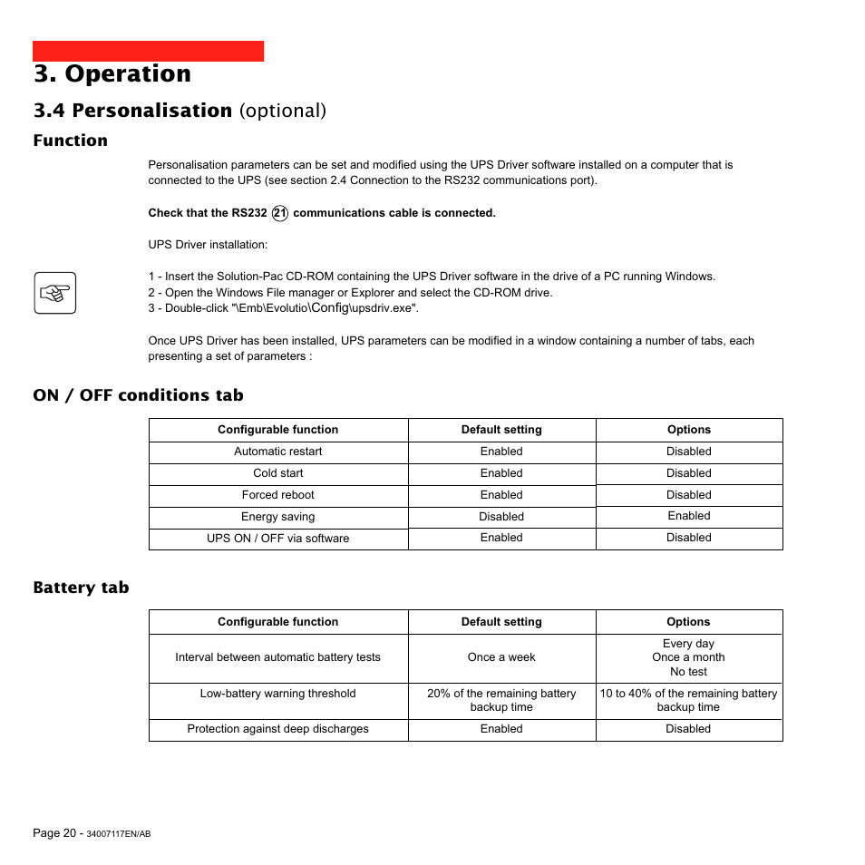 Operation, 4 personalisation (optional), Function | Battery tab, On / off conditions tab | MGE UPS Systems 800 Rack User Manual | Page 21 / 196