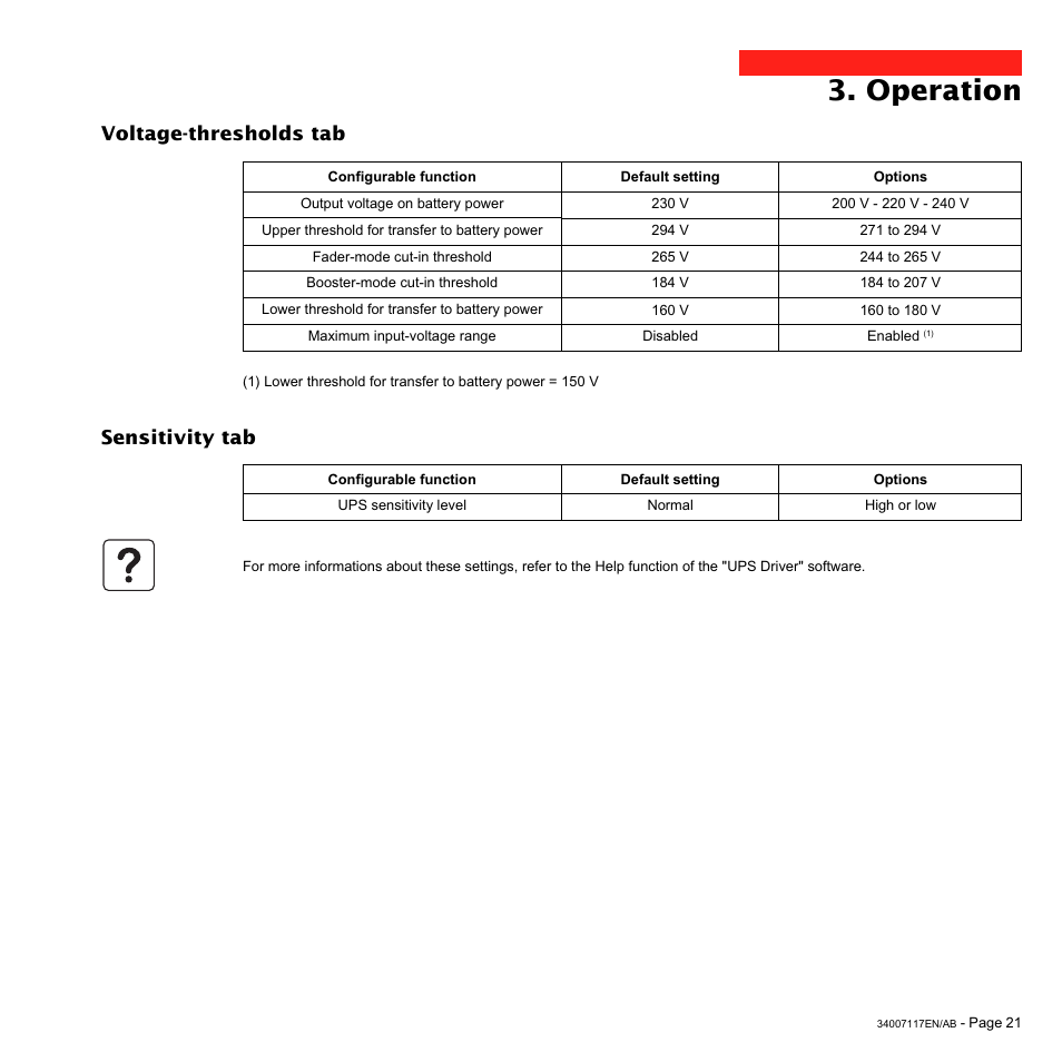 Operation, Voltage-thresholds tab sensitivity tab | MGE UPS Systems 800 Rack User Manual | Page 22 / 196