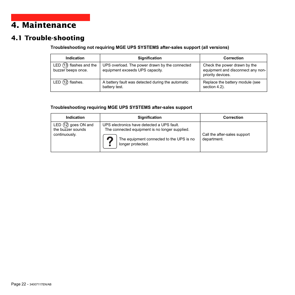 Maintenance, 1 trouble-shooting | MGE UPS Systems 800 Rack User Manual | Page 23 / 196