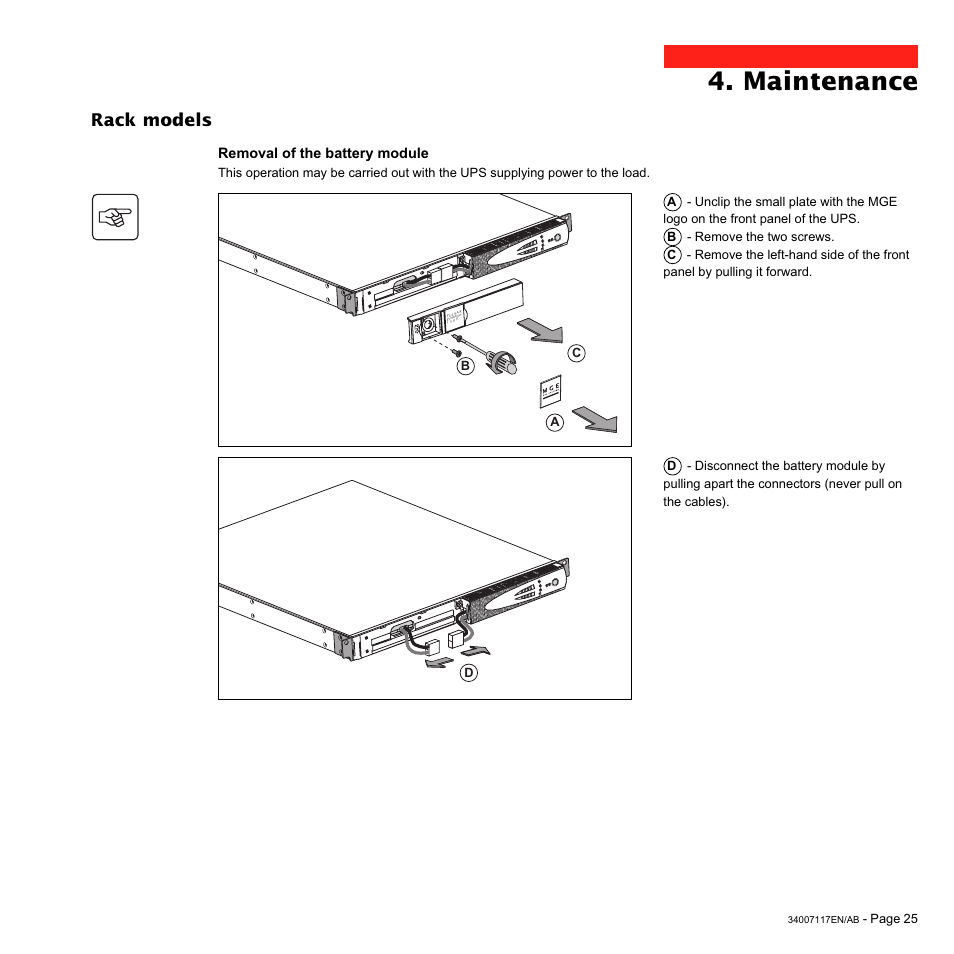 Maintenance, Rack models | MGE UPS Systems 800 Rack User Manual | Page 26 / 196