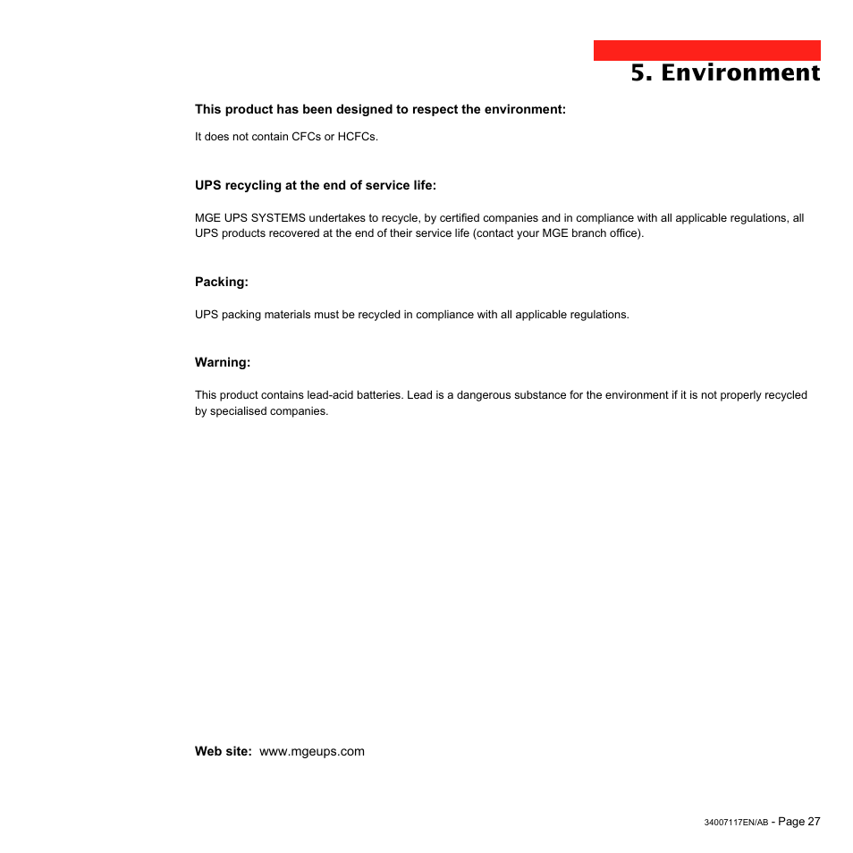 Environment | MGE UPS Systems 800 Rack User Manual | Page 28 / 196