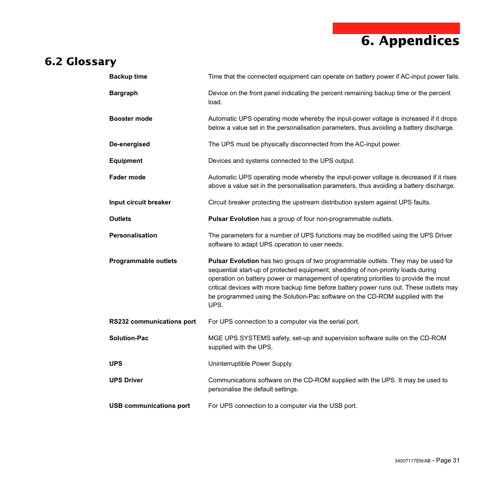 Appendices, 2 glossary | MGE UPS Systems 800 Rack User Manual | Page 32 / 196
