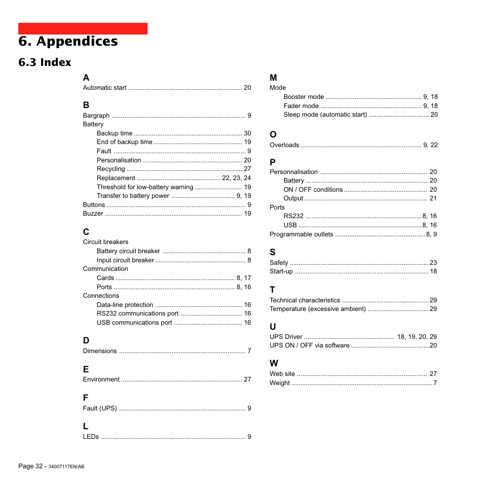 Appendices, 3 index | MGE UPS Systems 800 Rack User Manual | Page 33 / 196