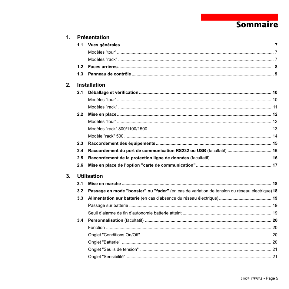 Sommaire | MGE UPS Systems 800 Rack User Manual | Page 38 / 196