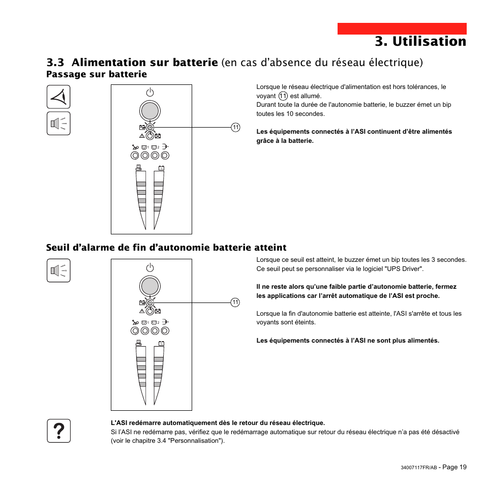 Utilisation, Passage sur batterie, Seuil d’alarme de fin d’autonomie batterie atteint | MGE UPS Systems 800 Rack User Manual | Page 52 / 196