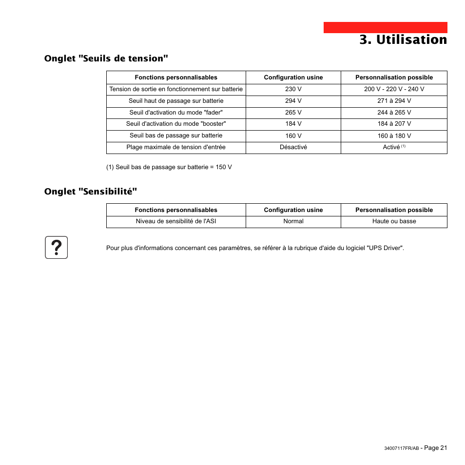 Utilisation, Onglet "seuils de tension" onglet "sensibilité | MGE UPS Systems 800 Rack User Manual | Page 54 / 196