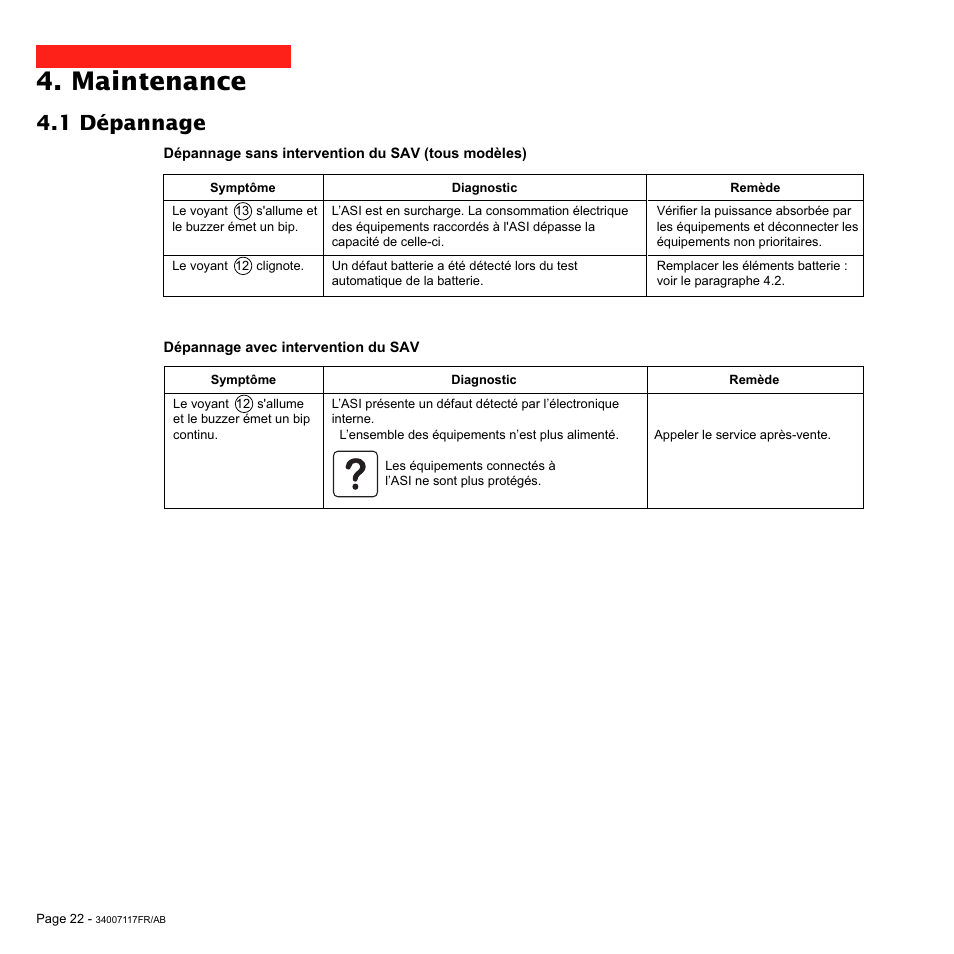 Maintenance, 1 dépannage | MGE UPS Systems 800 Rack User Manual | Page 55 / 196