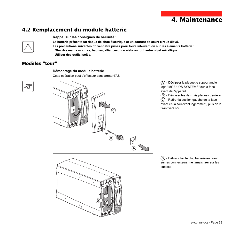 Maintenance, 2 remplacement du module batterie, Modèles "tour | MGE UPS Systems 800 Rack User Manual | Page 56 / 196