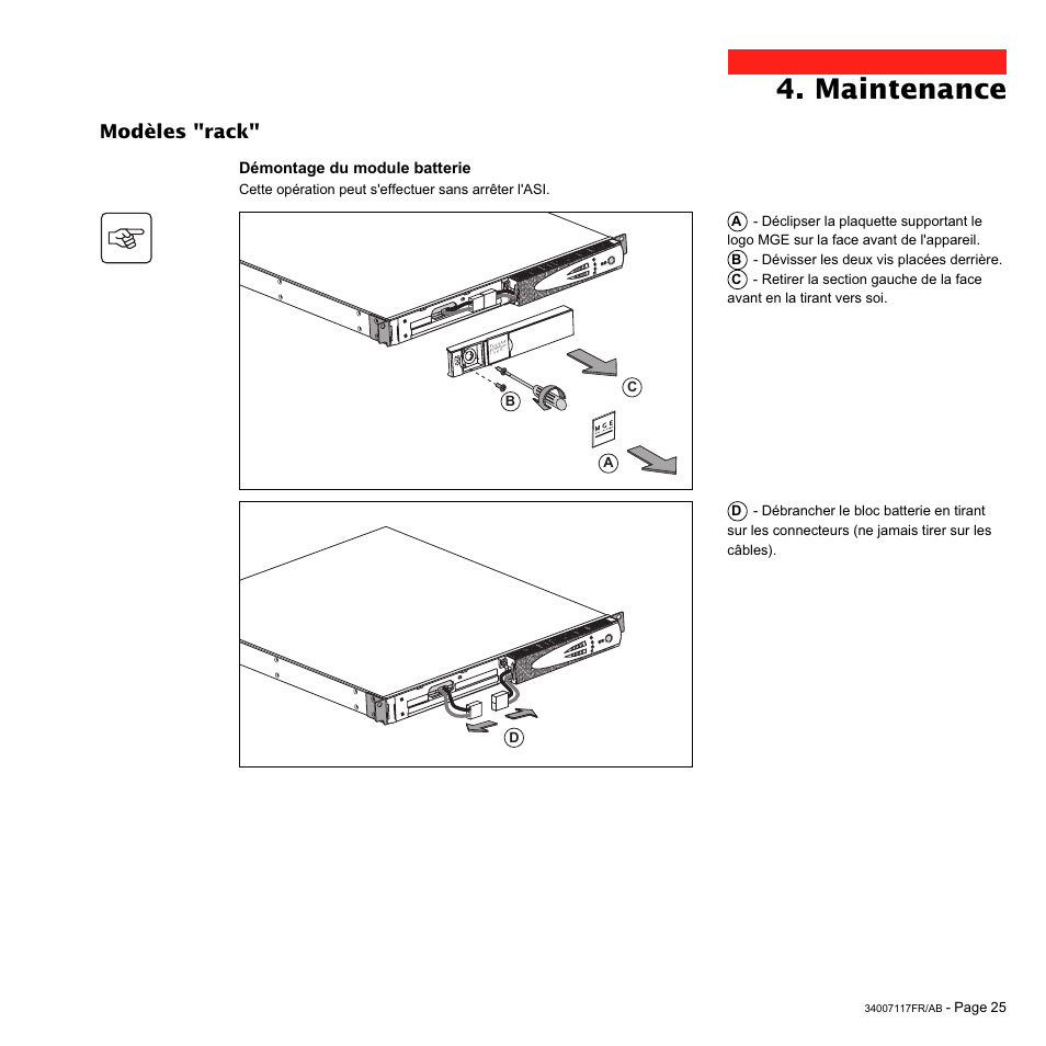 Maintenance, Modèles "rack | MGE UPS Systems 800 Rack User Manual | Page 58 / 196