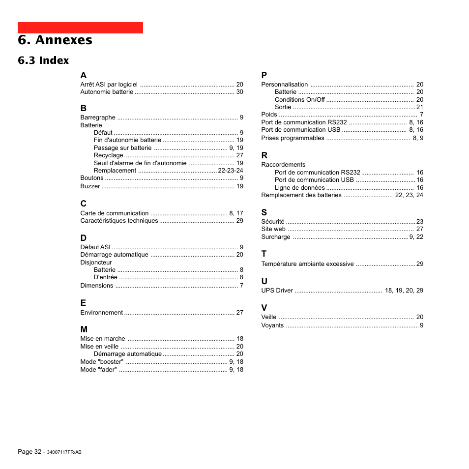 Annexes, 3 index | MGE UPS Systems 800 Rack User Manual | Page 65 / 196