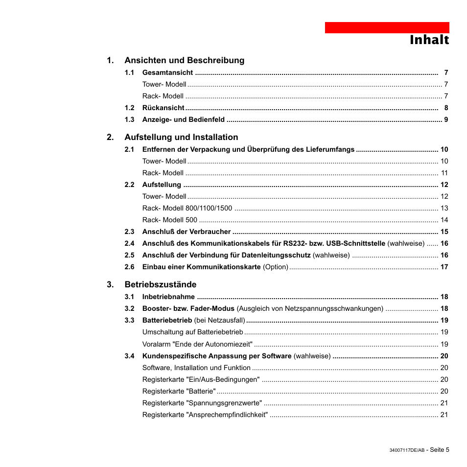 Inhalt | MGE UPS Systems 800 Rack User Manual | Page 70 / 196