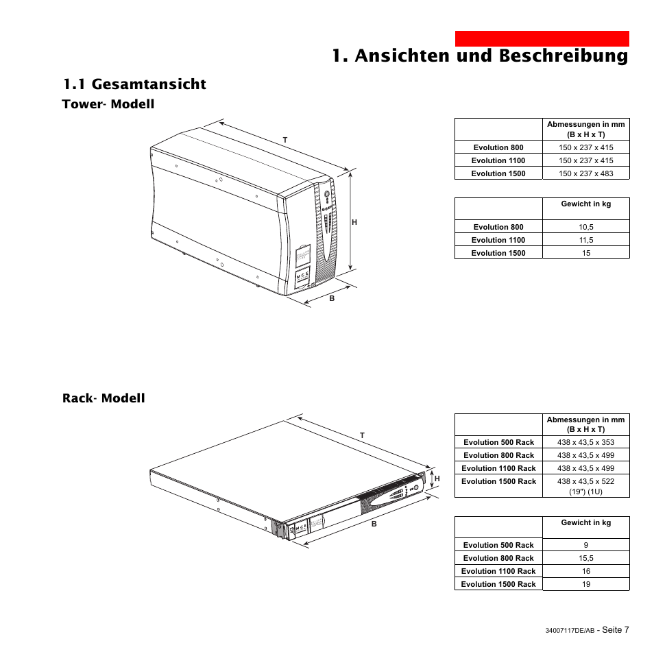 Ansichten und beschreibung, 1 gesamtansicht, Tower- modell rack- modell | MGE UPS Systems 800 Rack User Manual | Page 72 / 196