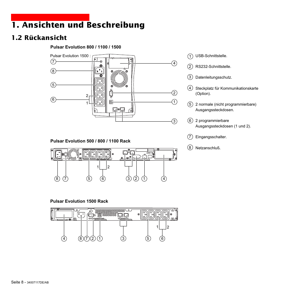 Ansichten und beschreibung, 2 rückansicht | MGE UPS Systems 800 Rack User Manual | Page 73 / 196