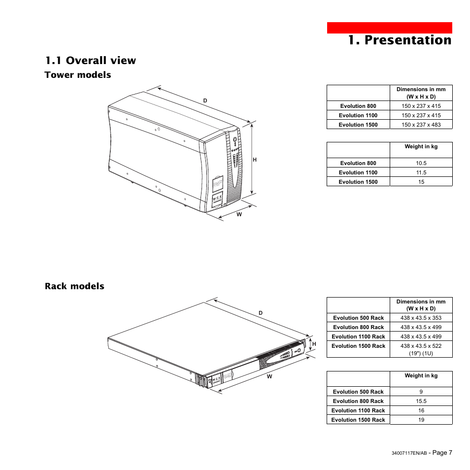 Presentation, 1 overall view, Tower models rack models | MGE UPS Systems 800 Rack User Manual | Page 8 / 196