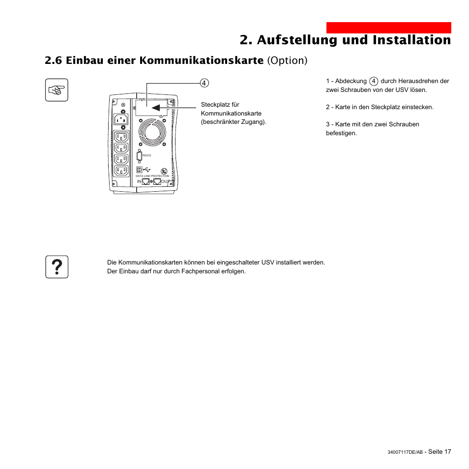 Aufstellung und installation, 6 einbau einer kommunikationskarte (option) | MGE UPS Systems 800 Rack User Manual | Page 82 / 196