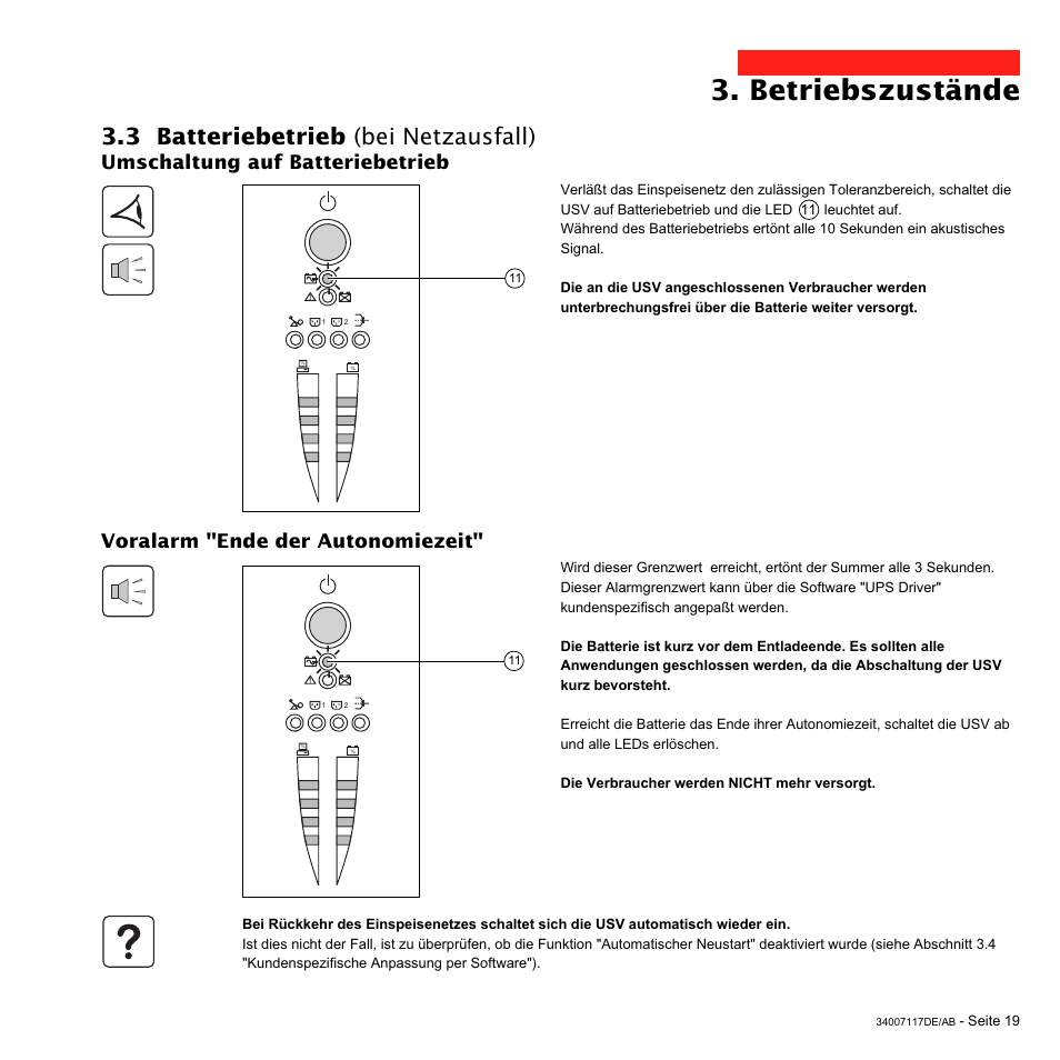 Betriebszustände, 3 batteriebetrieb (bei netzausfall), Umschaltung auf batteriebetrieb | Voralarm "ende der autonomiezeit | MGE UPS Systems 800 Rack User Manual | Page 84 / 196