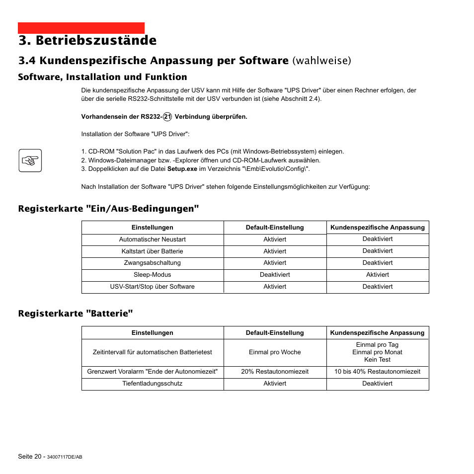 Betriebszustände, Software, installation und funktion, Registerkarte "batterie | Registerkarte "ein/aus-bedingungen | MGE UPS Systems 800 Rack User Manual | Page 85 / 196