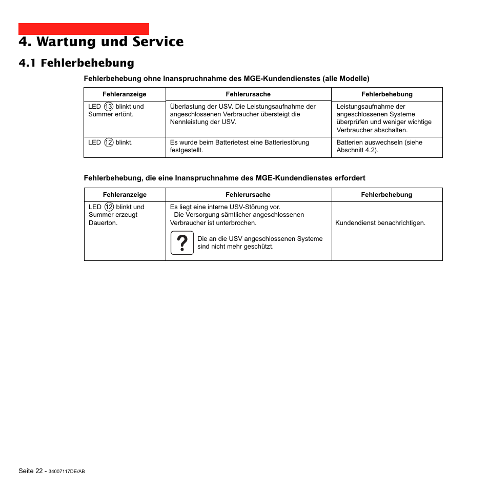 Wartung und service, 1 fehlerbehebung | MGE UPS Systems 800 Rack User Manual | Page 87 / 196