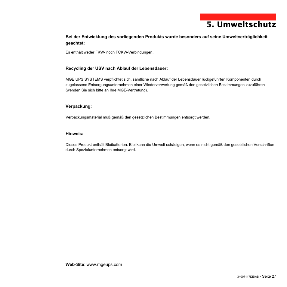 Umweltschutz | MGE UPS Systems 800 Rack User Manual | Page 92 / 196