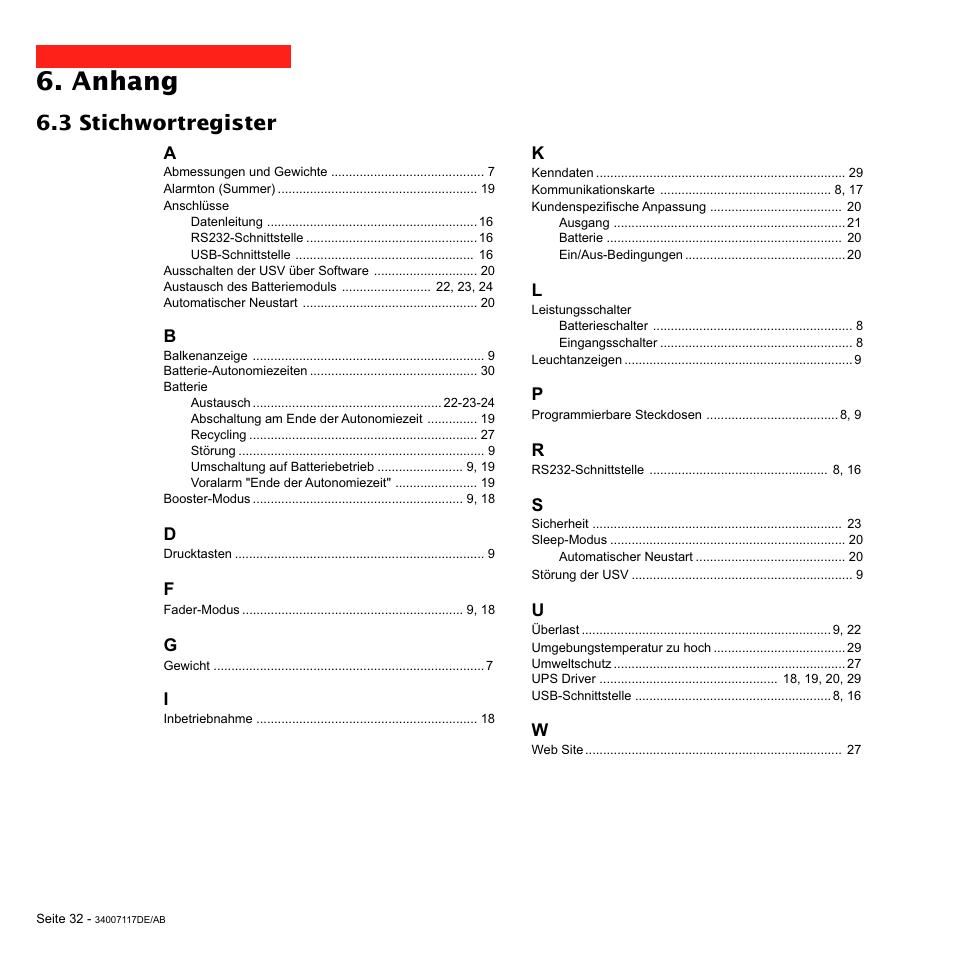 Anhang, 3 stichwortregister | MGE UPS Systems 800 Rack User Manual | Page 97 / 196
